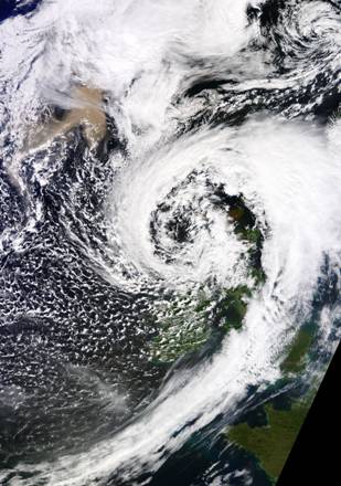 image from the Satellite Receiving Station at the University of Dundee shows the ash cloud from Iceland and the storm system which has buffeted the UK