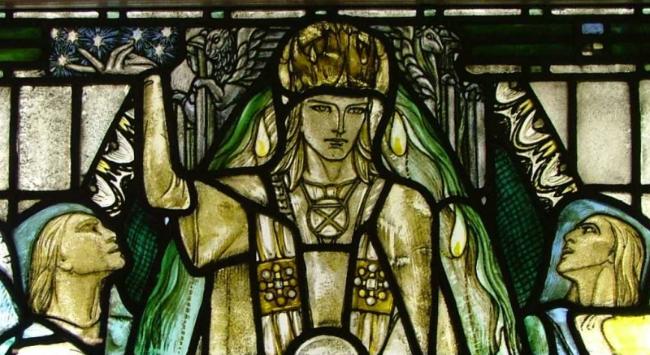 detail from stained glass window by Douglas Strachan, How Long O Lord