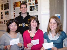 the image shows winners (l-r) Wendy Juewang, Hayley Scorer and Andrea Ross with DUSA President Milan Bogunovic in back row