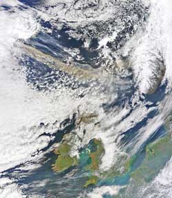 image showing the volcanic ash plume from Iceland to the north of the UK -  credit to 'NEODAAS/University of Dundee