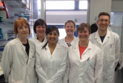 picture shows the DSTT researchers who generated the enzymes, left to right, Samantha Raggett, Carla Baillie, Shabana Anwar-Topping, Susan Finn, Hilary McLauchlan and James Hastie